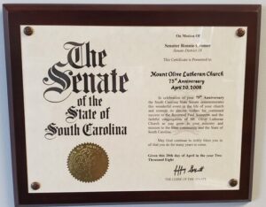 Commendation from the State of SC Senate at 75th Anniversary